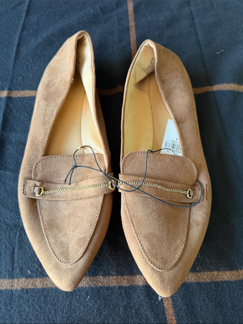 Express Women's Camel Suede Pointed Loafer Flats with Gold Chain